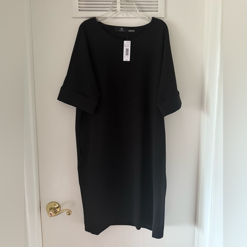 Natori Black Solid Knit Crepe T-Shirt Dress